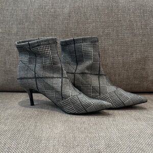 Saks Fifth Avenue Plaid Ankle Boots - Black, White, and Gray